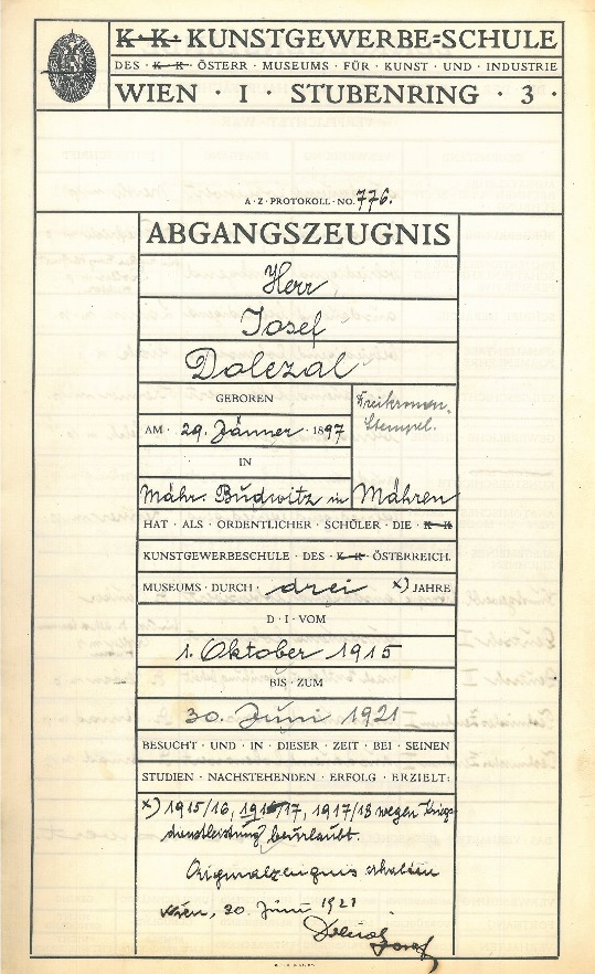 Kunstgewerbeschule Wien Abgangszeugnis 1921 [*]